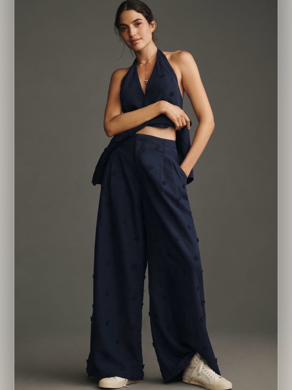 2 pieces linen blend halter vest and tailored embellished trousers - Picture 2 of 14